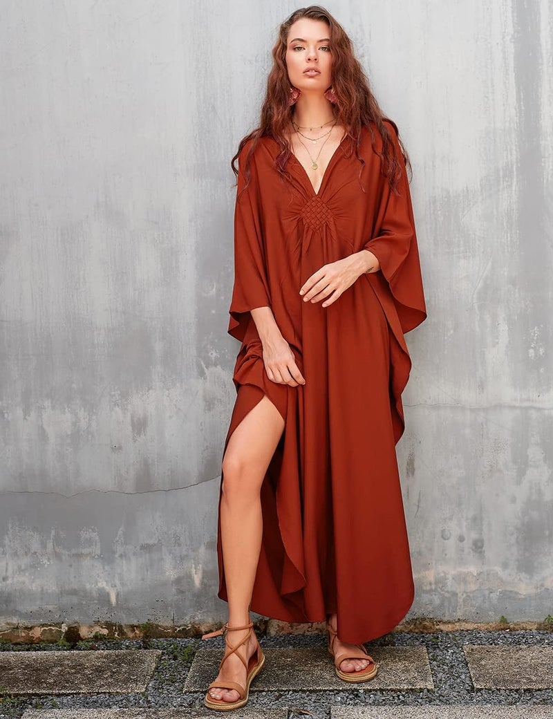 Bsubseach Women Solid Color Cover Up V Neck Batwing Sleeve Plus Size Beach Kaftan Dresses - Image 4